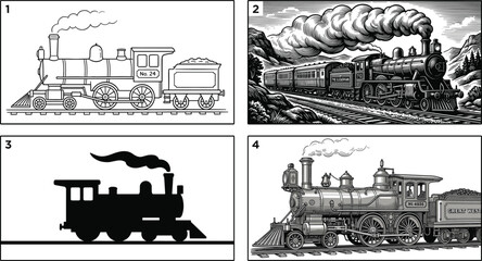 Vintage Steam Train Illustration Set Featuring Classic Railway Locomotives in Retro Engraving and Silhouette Styles © MDSHAHIDUL