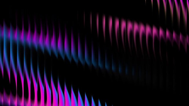 Purple abstract video loop with neon wavy glass texture and dark fluid motion distortion. Purple and pink abstract background video featuring distorted fluid waves on a dark ribbed glass surface. 