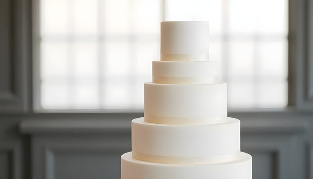 Contemporary wedding cake with minimalist aesthetic, plain white tiers, refined proportions, soft daylight effect, realistic food photography, premium wedding dessert