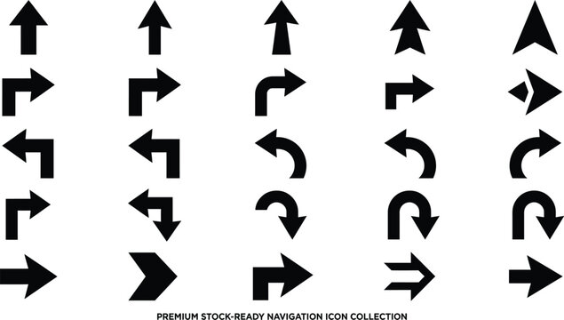 Navigation arrows and turn indicators are organized into a structured collection for modern interface design.