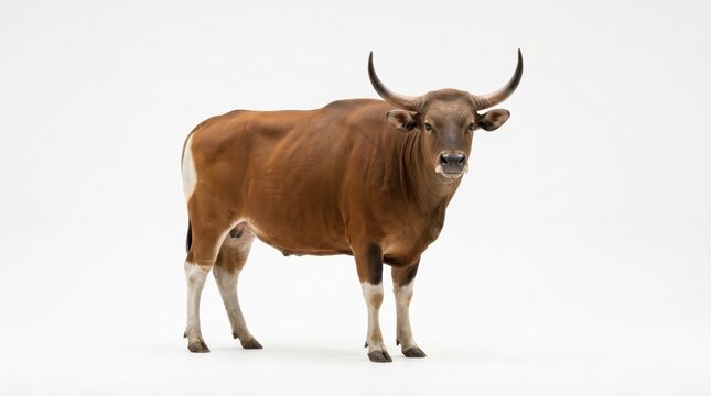 Banteng, a wild cattle species, standing full body on a pure white studio background.