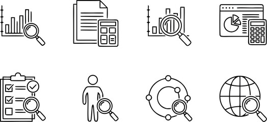 Business data analysis and financial audit line icon set featuring magnifying glass for research and verification. © MdMojnu