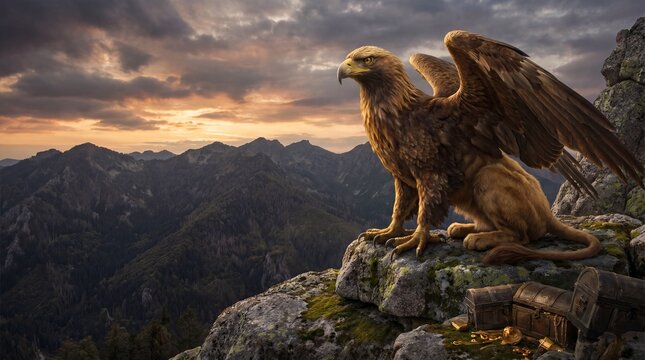 Epic fantasy griffin guarding gold treasure on mountain summit