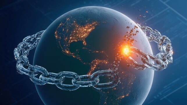 Digital illustration of the Earth locked in a glowing transparent chain with one link breaking, symbolizing global security, restriction, or breaking free from constraints