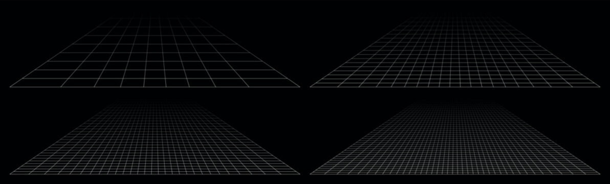 Minimal black background featuring multiple white perspective grids arranged in geometric layout showcasing wireframe planes with depth and symmetry ideal for technical visualization presentations