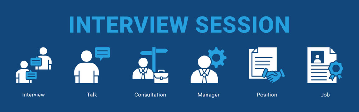 Interview Session web banner icon concept,  with interview, talk, Consultation, manager, Positio.