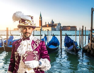 Obraz premium A man in a fancy costume on a Venetian canal