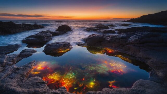 Colorful reflection in tide pool at sunset.