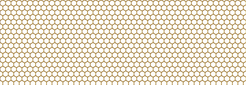 Seamless white hexagon pattern with elegant golden outlines creating refined honeycomb texture for luxury backgrounds, wedding stationery, branding materials, wallpapers and packaging