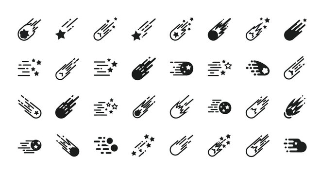 Collection of black comet and shooting star icons