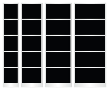 Retro inspired vertical photo strip templates with multiple instant film placeholders, clean minimalist collage frames scrapbook pages, gallery presentations, branding projects and memory collections