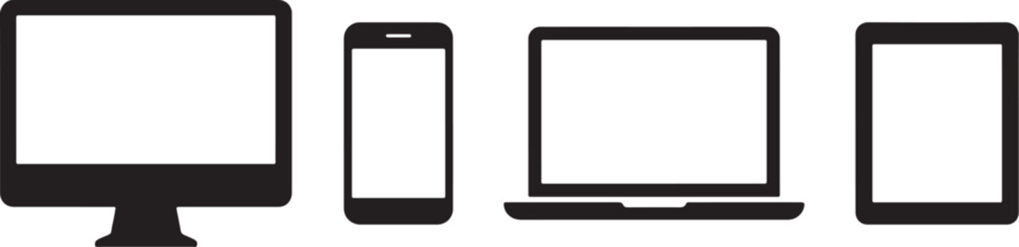 Black silhouette icons of a desktop computer a smartphone a laptop and a tablet for modern digital technology visual design
