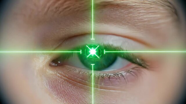 Close-up view of a blue and brown eye with green targeting crosshairs