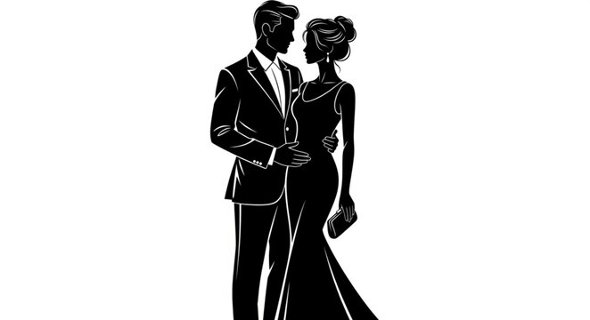 Elegant Couple Silhouette Formal Attire Evening Wear.