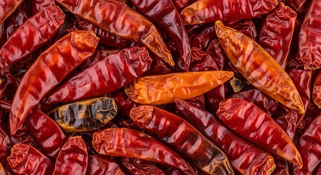 Top view of many dried red chili peppers spread out creating a vibrant spicy food background texture. chile seco