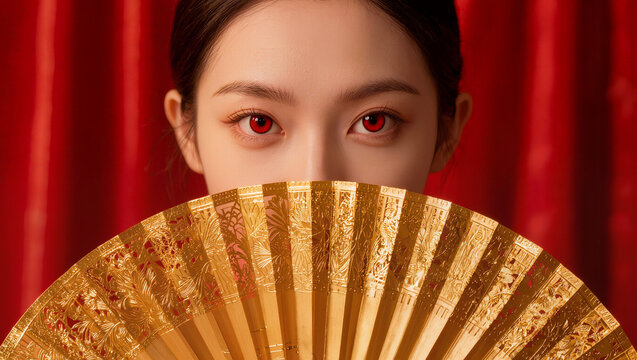 Close up , a golden hand fan is covering down side half face of beautiful woman red eyes , red background , fashion image.