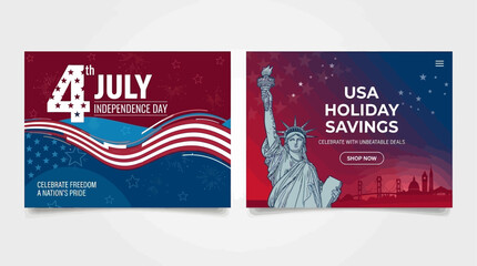 Vector illustration recreate image of USA Independence Day holiday savings banners with Statue of Liberty and American flag waving on 4th July © Christopher