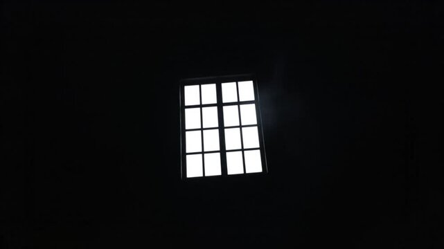 Spooky window in dark room as light shines through the panes with mysterious smoke moving