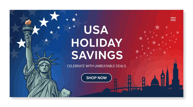 Holiday savings banner with Statue of Liberty and cityscape at night