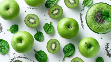 Fototapeta premium Fresh green apple and sliced kiwi fruit with spinach leaf and smoothie drink topped with chia seed on white background healthy vegan diet ingredients concept