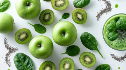 Fototapeta premium Fresh green apples, sliced kiwi fruit, spinach leaves, chia seeds, and healthy green smoothie on white background for clean eating, detox, and nutrition concept