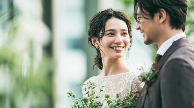 Happy bride and groom smiling in a forest