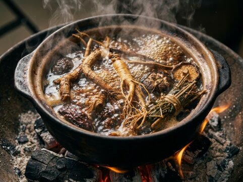 Herbal soup simmering in clay pot over open fire with ginseng and mushrooms