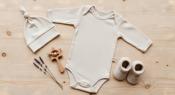 Beige baby bodysuit, hat, booties, and wooden rattle on a light wooden background with lavender, newborn clothing lay flat composition.
