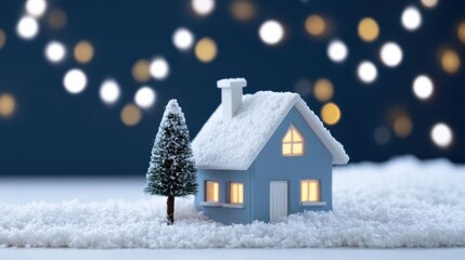 Naklejka premium Small blue house model covered in snow with frosted pine tree on snowy ground and glowing warm lights in windows against dark background with festive bokeh