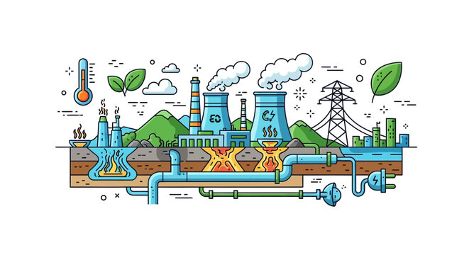 Conceptual representation of industrial energy production featuring a modern power plant, infrastructure, and an emphasis on environmental sustainability and technological processes