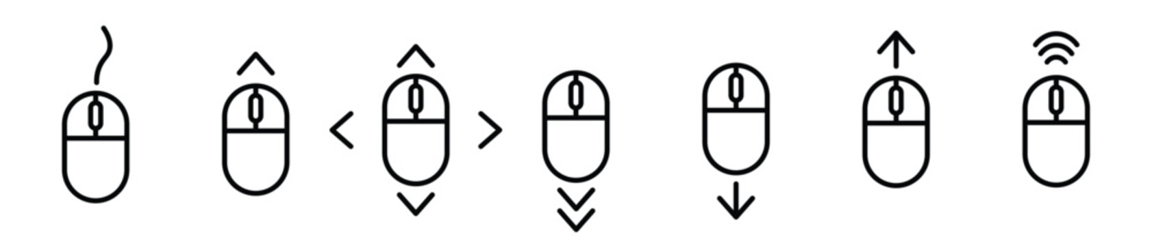 Collection of modern computer mouse icons illustrating various scrolling and clicking actions for digital interfaces