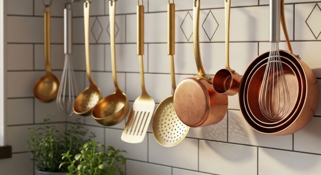 Brass and copper kitchen utensils hanging on a white tiled wall, modern home interior with cooking tools and fresh herbs.