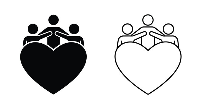 Heart shape with people embracing icon - Clipart, sticker - icon set - Line and glyph solid icon and logo template 