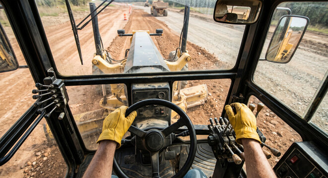 View from the motor grader cab: operator controls the machine on road construction, hands in yellow gloves on steering wheel.