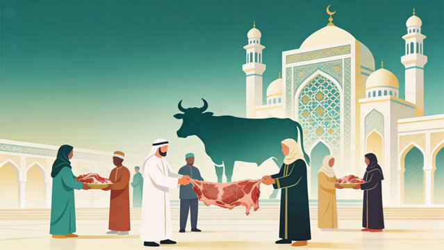 Muslim men distributing Qurbani meat with a cow silhouette and mosque in the background