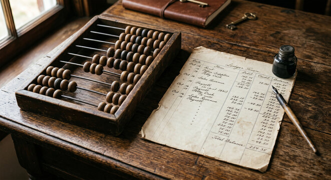Vintage wooden abacus and yellowed ledger paper with inkwell on dark antique office desk background