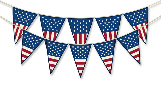 Patriotic bunting flags hang on a string with American themed designs