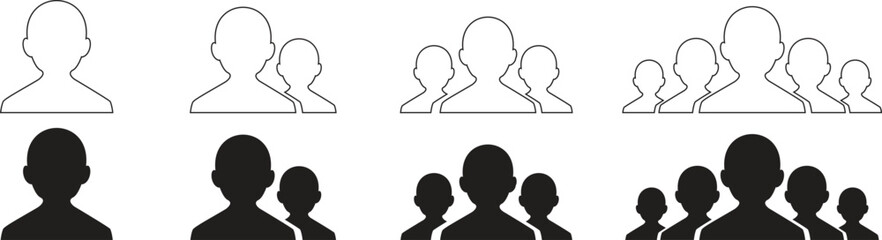 Fototapeta premium User profile and team avatar icon collection featuring single person group and community symbols. Minimal outline and solid silhouettes for social media apps websites and interface design.