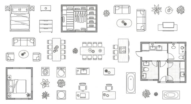 Collection of Hand Drawn Architectural Floor Plan Elements and Furniture Icons.