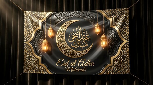 Eid ul adha mubarak greeting card with golden crescent moon and lanterns on black background with gold accents