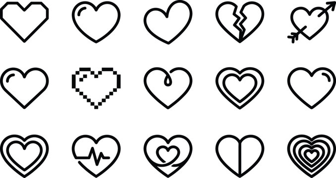 Hearts showing diverse emotional states and symbolic variations are organized in a decorative grid pattern.
