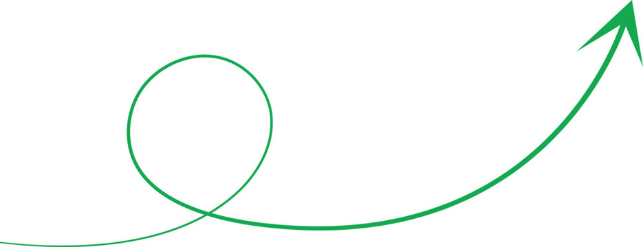 Green curved arrow line with loop path isolated on gray background. Minimal growth direction symbol for business progress and navigation design. Abstract upward motion vector illustration.