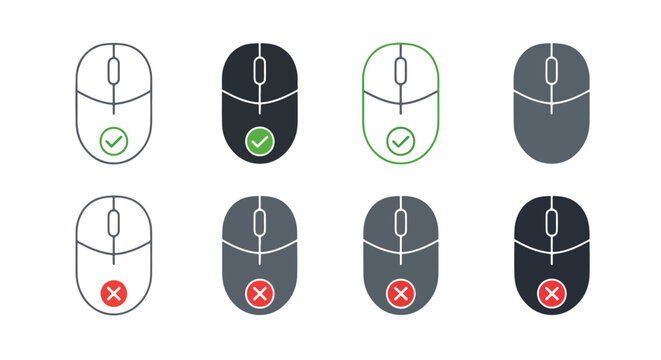 Computer mouse status check set icons - Clipart, sticker - icon set - Line and glyph solid icon and logo template 
