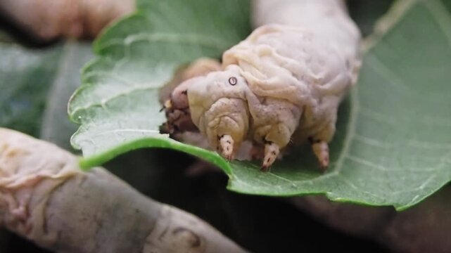 Close-up of a silkworm caterpillar eating fresh green mulberry leaves. Macro footage capturing mouth movement, texture, and feeding behavior.