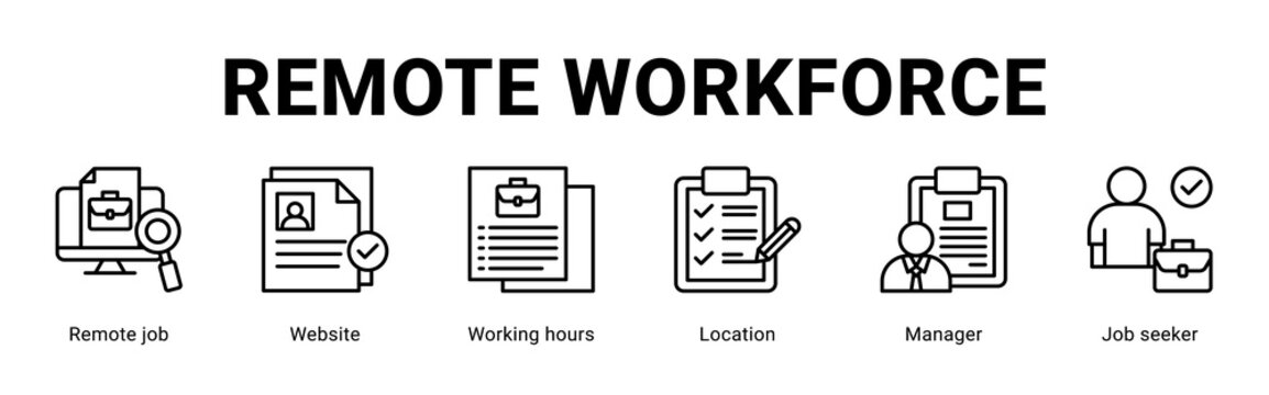 Remote Workforce web banner icon concept,  with Remote Job, Website, Working Hours, Location, manager, Job See.