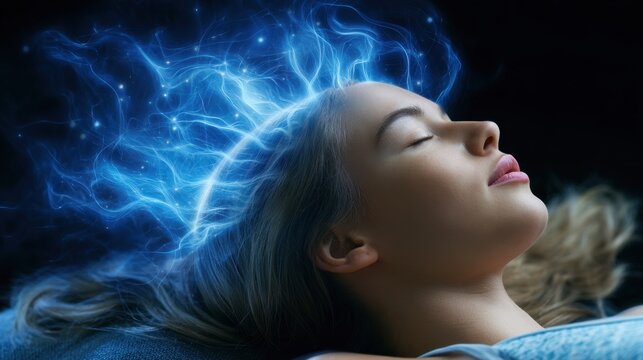 Close-up of young woman lying peacefully with closed eyes and glowing abstract blue electric light emanating from her head symbolizing brain activity and energy