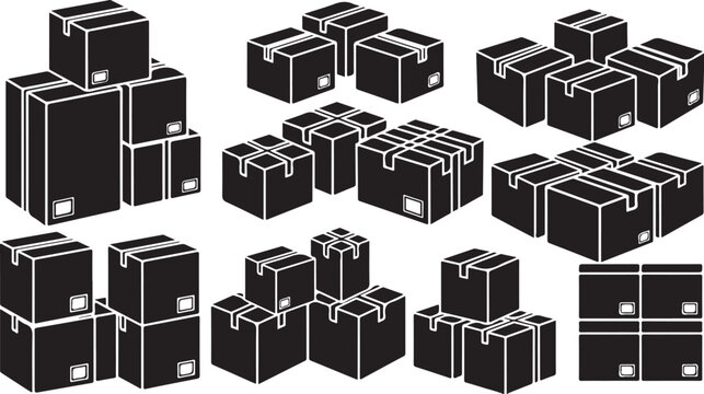 Various black boxes in different sizes and stacks