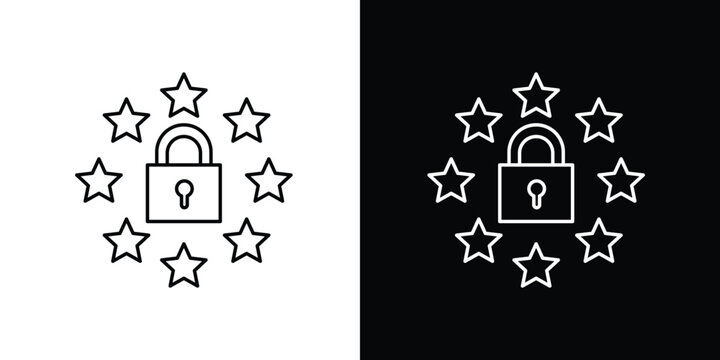Secure European Union data protection and privacy concept with lock and stars icon on white and black backgrounds