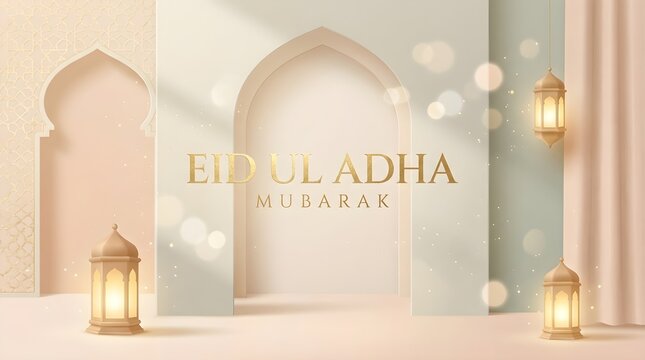 Eid ul adha mubarak greeting card with traditional lanterns and arches in a festive setting with warm lighting and elegant decorations