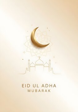 Eid ul adha mubarak greeting card with golden crescent moon and mosque illustration on beige background